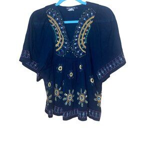 Antik Batik Womens Blouse Size Small Black Embroidered Mirrored Pure Cotton